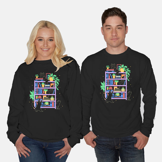 Rainbow Bookshelf Cats-Unisex-Crew Neck-Sweatshirt-tobefonseca