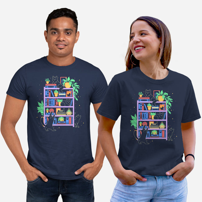 Rainbow Bookshelf Cats-Unisex-Basic-Tee-tobefonseca