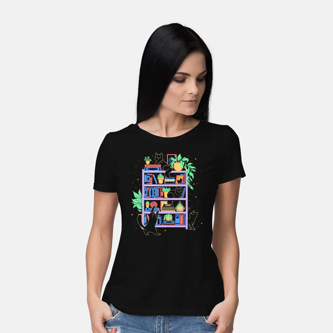 Rainbow Bookshelf Cats-Womens-Basic-Tee-tobefonseca