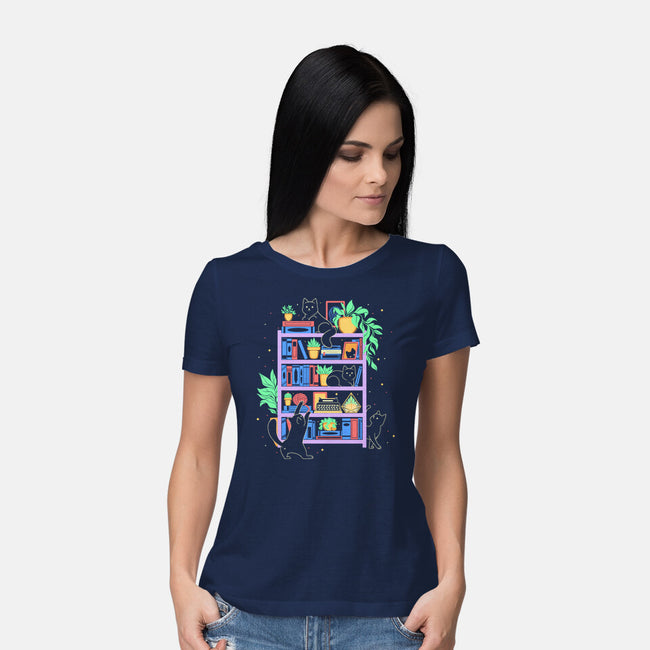 Rainbow Bookshelf Cats-Womens-Basic-Tee-tobefonseca