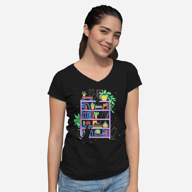 Rainbow Bookshelf Cats-Womens-V-Neck-Tee-tobefonseca