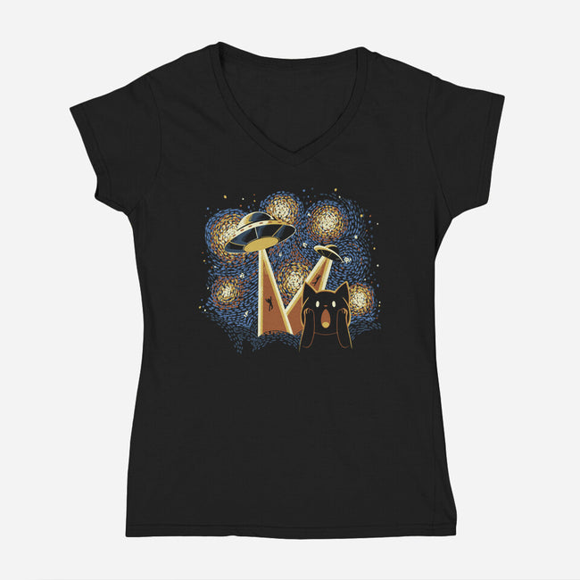 Alien Invasion Cat Scream-Womens-V-Neck-Tee-tobefonseca
