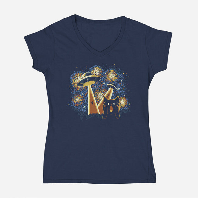 Alien Invasion Cat Scream-Womens-V-Neck-Tee-tobefonseca