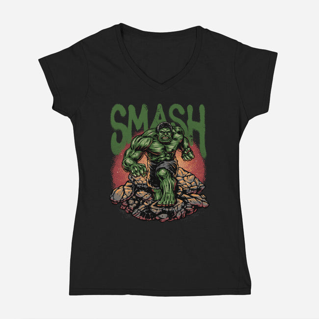 Green Smash-Womens-V-Neck-Tee-glitchygorilla