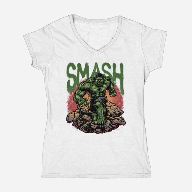 Green Smash-Womens-V-Neck-Tee-glitchygorilla