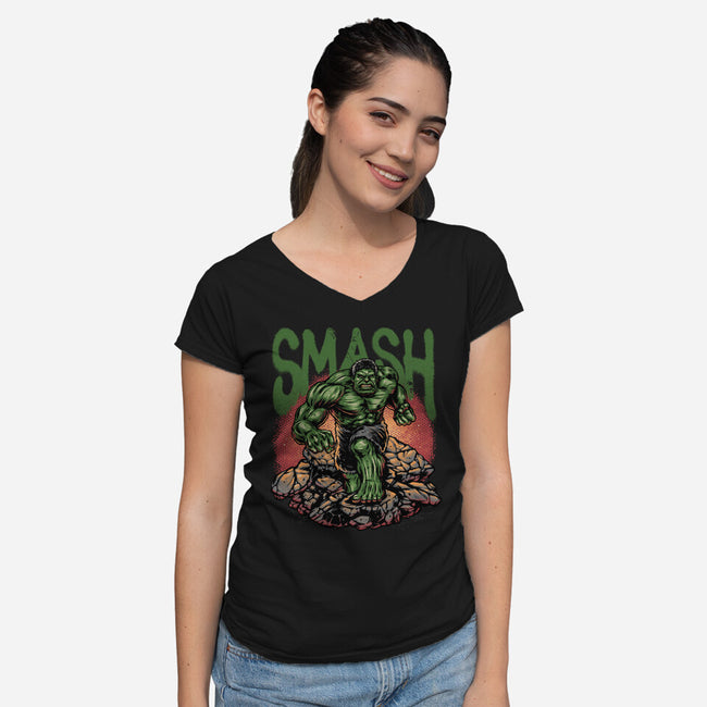 Green Smash-Womens-V-Neck-Tee-glitchygorilla