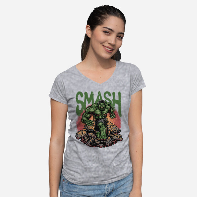 Green Smash-Womens-V-Neck-Tee-glitchygorilla