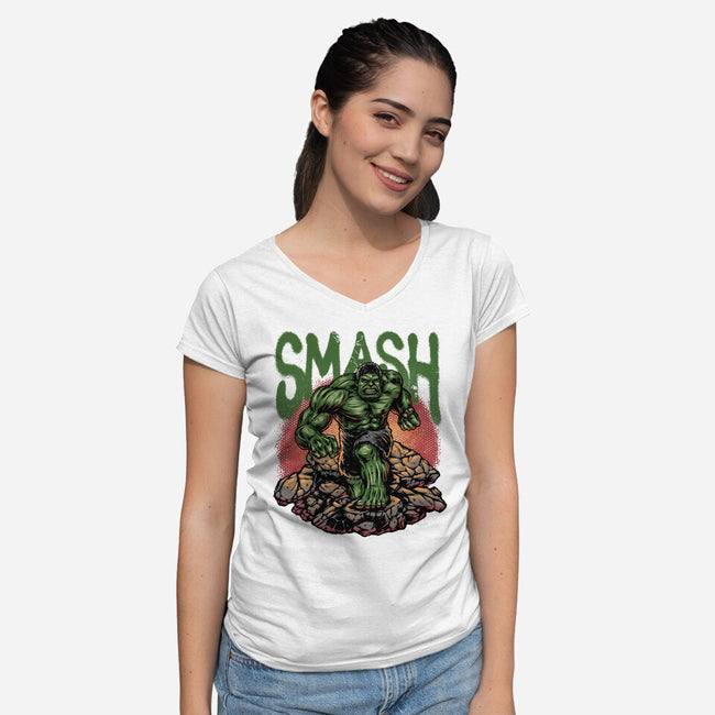 Green Smash-Womens-V-Neck-Tee-glitchygorilla