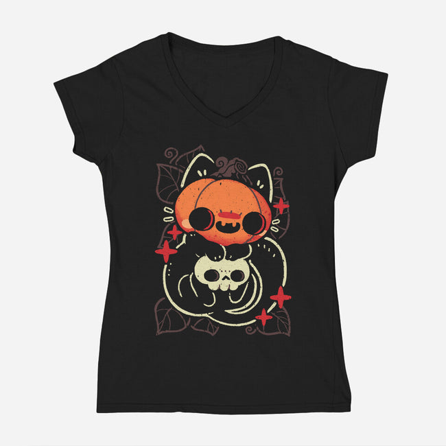 Cute Pumpkin Head Cat-Womens-V-Neck-Tee-xMorfina