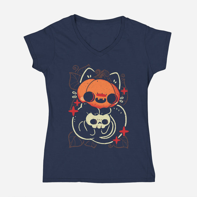 Cute Pumpkin Head Cat-Womens-V-Neck-Tee-xMorfina