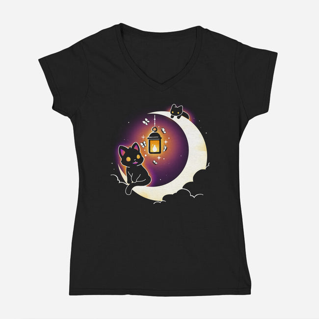 Dark Kitten Moon-Womens-V-Neck-Tee-Vallina84