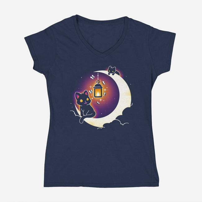 Dark Kitten Moon-Womens-V-Neck-Tee-Vallina84