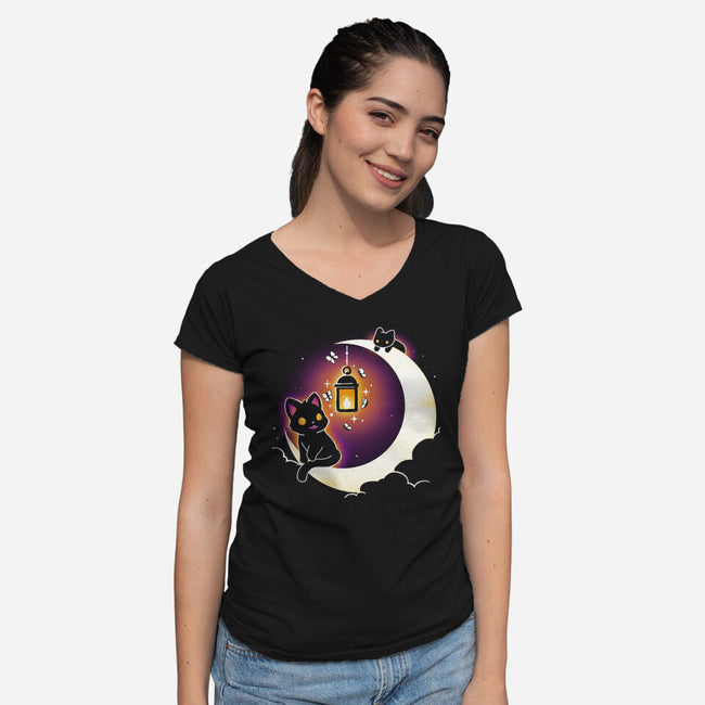 Dark Kitten Moon-Womens-V-Neck-Tee-Vallina84