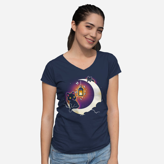 Dark Kitten Moon-Womens-V-Neck-Tee-Vallina84