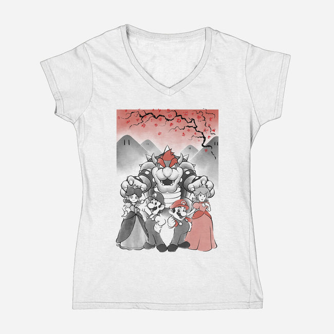 Mushroom Club Sumi-E-Womens-V-Neck-Tee-Astrobot Invention