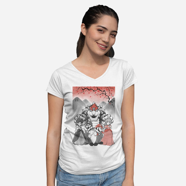 Mushroom Club Sumi-E-Womens-V-Neck-Tee-Astrobot Invention