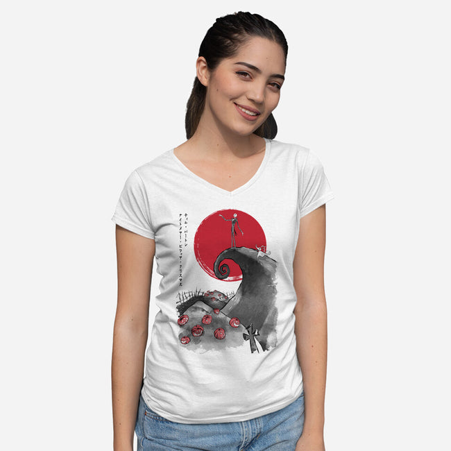The Pumpkin King Sumi-e-Womens-V-Neck-Tee-DrMonekers
