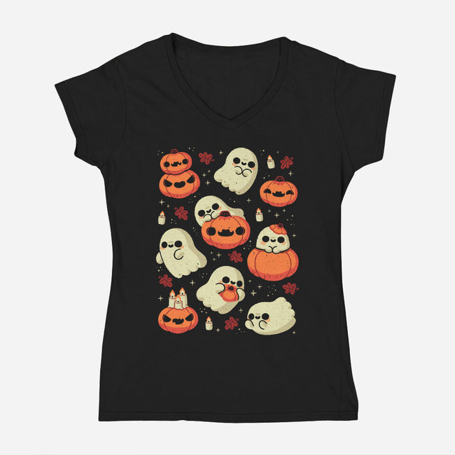 Cute Ghost With Halloween Pumpkin-Womens-V-Neck-Tee-xMorfina