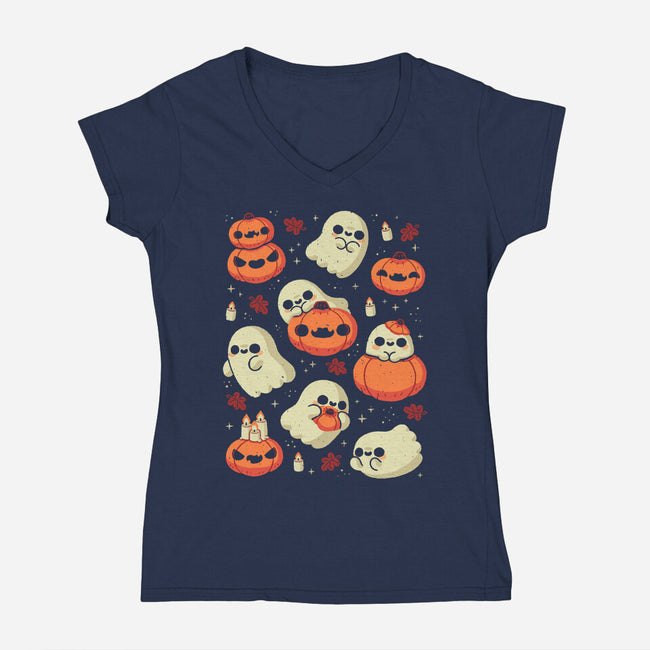 Cute Ghost With Halloween Pumpkin-Womens-V-Neck-Tee-xMorfina