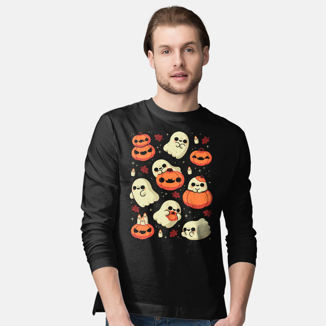 Cute Ghost With Halloween Pumpkin-Mens-Long Sleeved-Tee-xMorfina