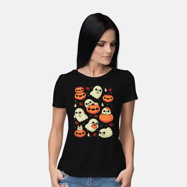 Cute Ghost With Halloween Pumpkin-Womens-Basic-Tee-xMorfina