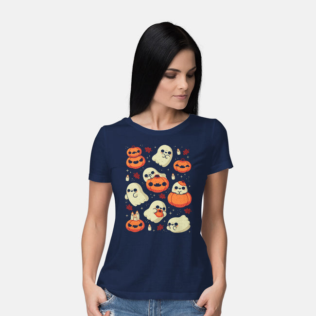 Cute Ghost With Halloween Pumpkin-Womens-Basic-Tee-xMorfina