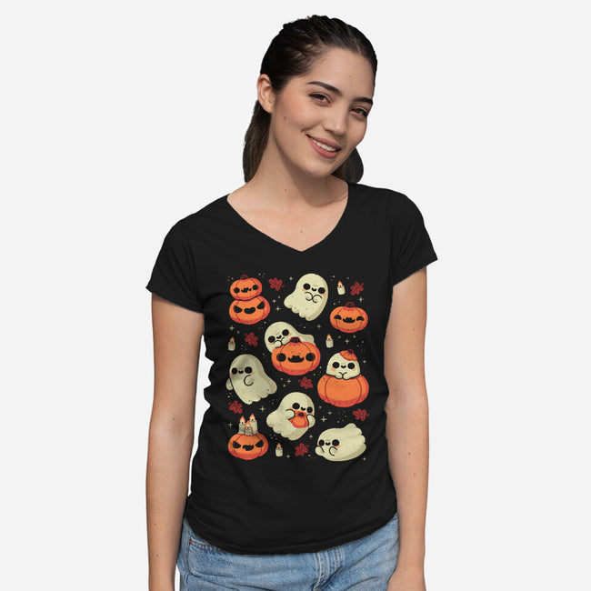 Cute Ghost With Halloween Pumpkin-Womens-V-Neck-Tee-xMorfina