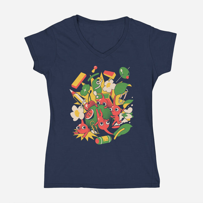 Tiny Creatures-Womens-V-Neck-Tee-ilustrata