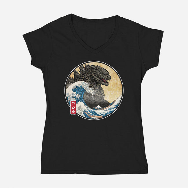 The Great Gojira Off Kanagawa-Womens-V-Neck-Tee-DrMonekers
