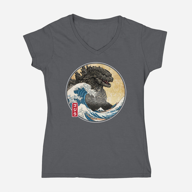 The Great Gojira Off Kanagawa-Womens-V-Neck-Tee-DrMonekers