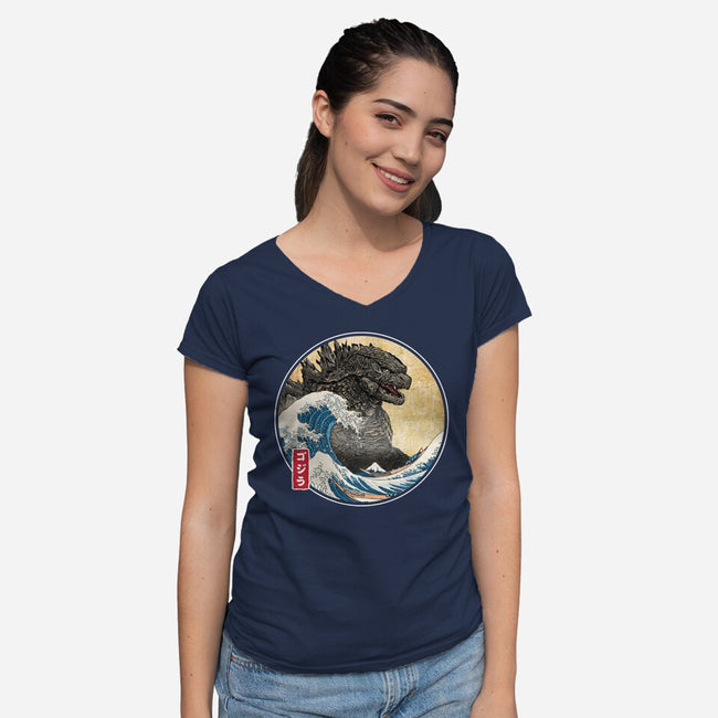 The Great Gojira Off Kanagawa-Womens-V-Neck-Tee-DrMonekers