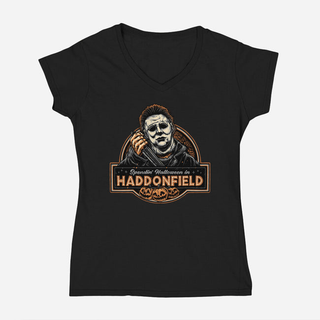 Halloween In Haddonfield-Womens-V-Neck-Tee-glitchygorilla