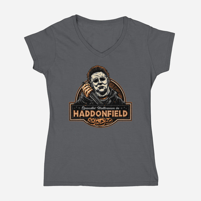 Halloween In Haddonfield-Womens-V-Neck-Tee-glitchygorilla
