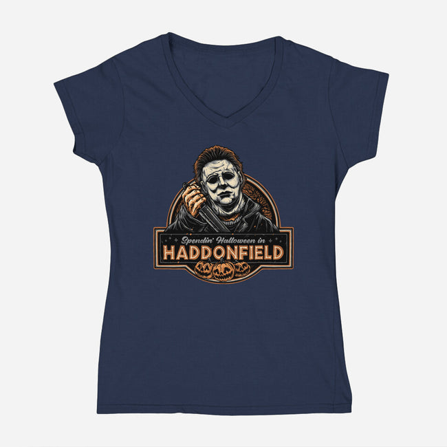 Halloween In Haddonfield-Womens-V-Neck-Tee-glitchygorilla