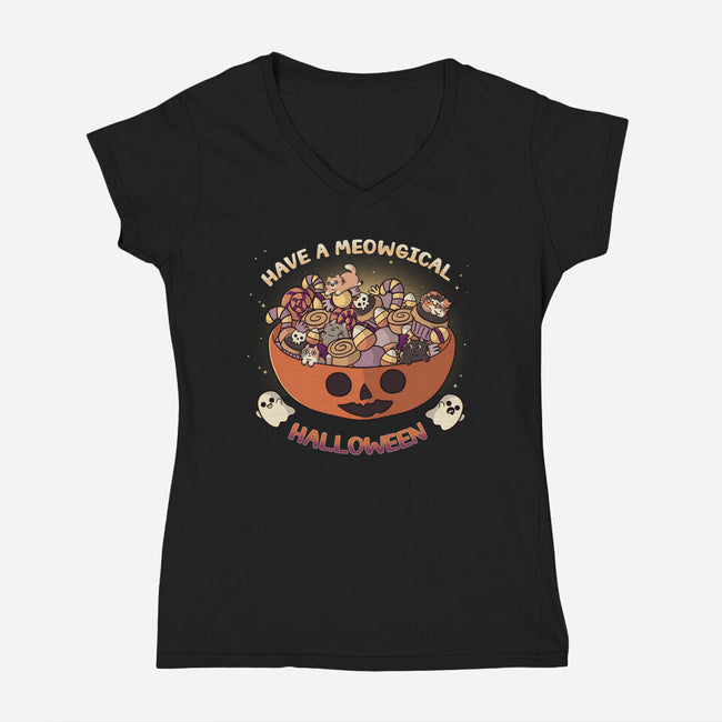 Meowgical Halloween-Womens-V-Neck-Tee-Freecheese