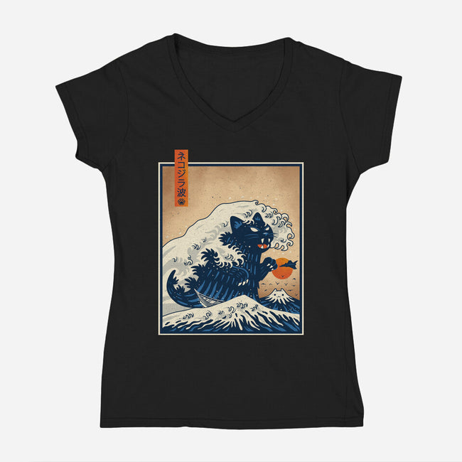 The Great Catzilla Wave-Womens-V-Neck-Tee-erion_designs