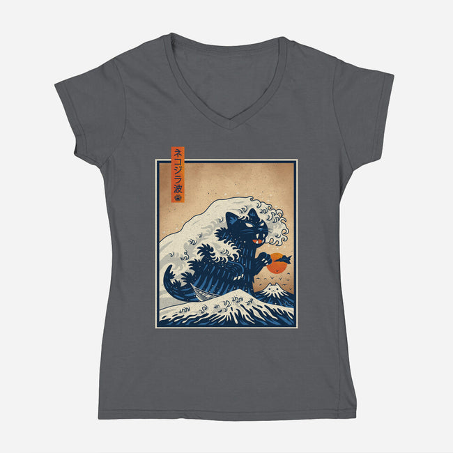 The Great Catzilla Wave-Womens-V-Neck-Tee-erion_designs
