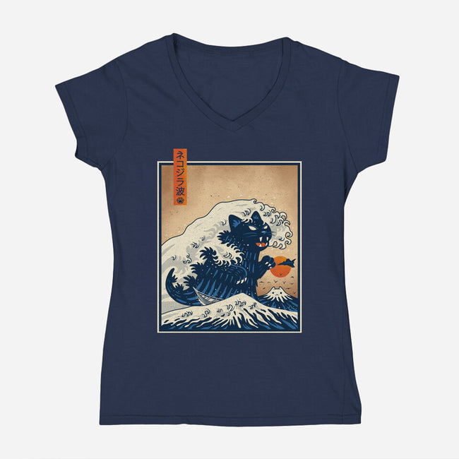 The Great Catzilla Wave-Womens-V-Neck-Tee-erion_designs