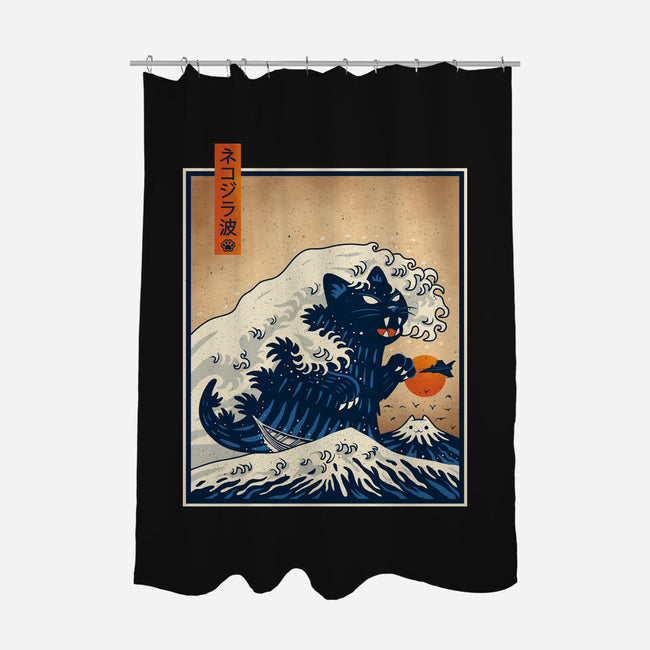 The Great Catzilla Wave-None-Polyester-Shower Curtain-erion_designs