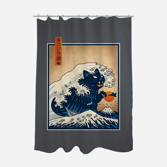 The Great Catzilla Wave-None-Polyester-Shower Curtain-erion_designs