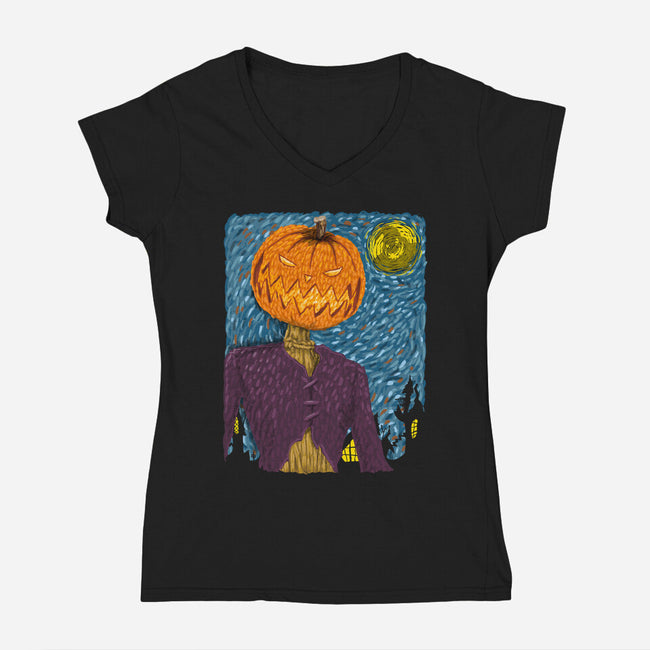 Starry Night In Halloween Town-Womens-V-Neck-Tee-DrMonekers