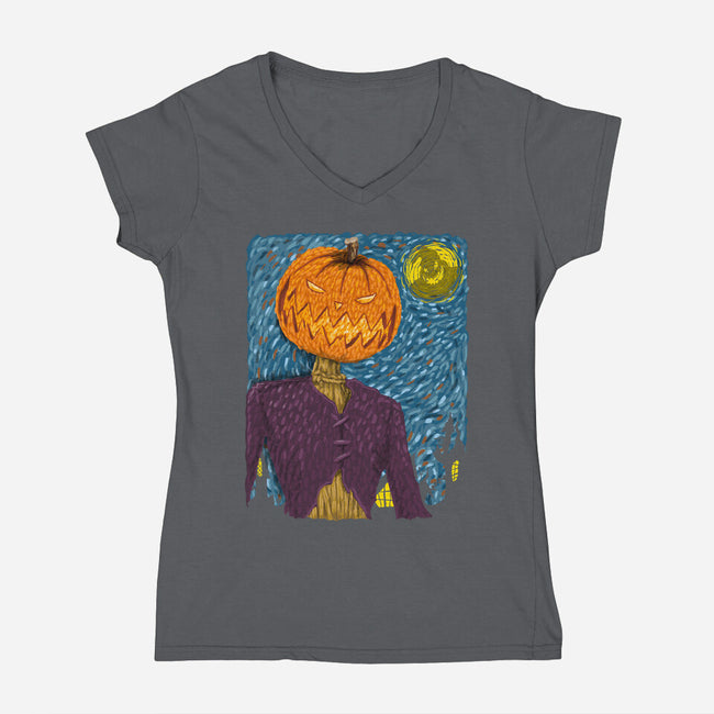 Starry Night In Halloween Town-Womens-V-Neck-Tee-DrMonekers