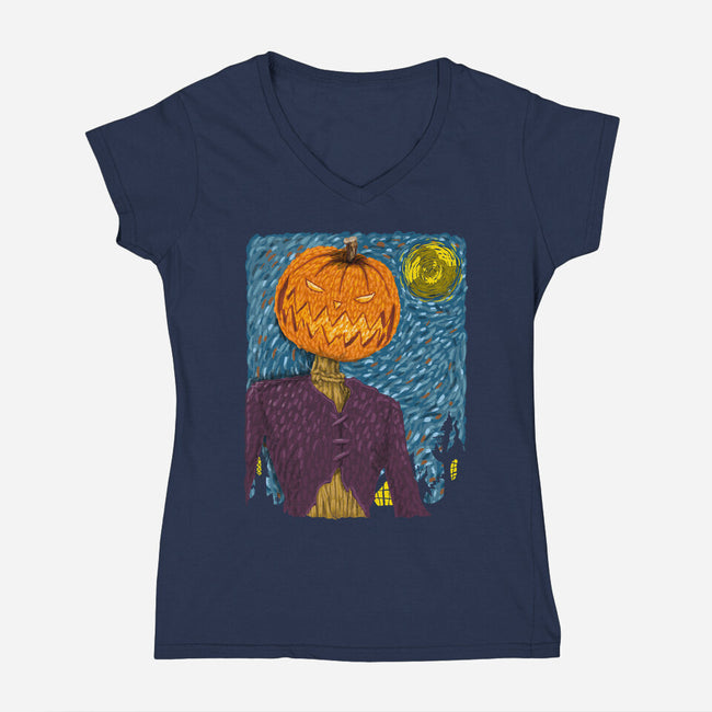 Starry Night In Halloween Town-Womens-V-Neck-Tee-DrMonekers