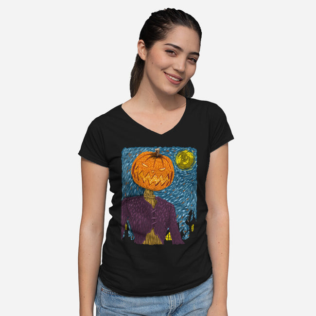 Starry Night In Halloween Town-Womens-V-Neck-Tee-DrMonekers