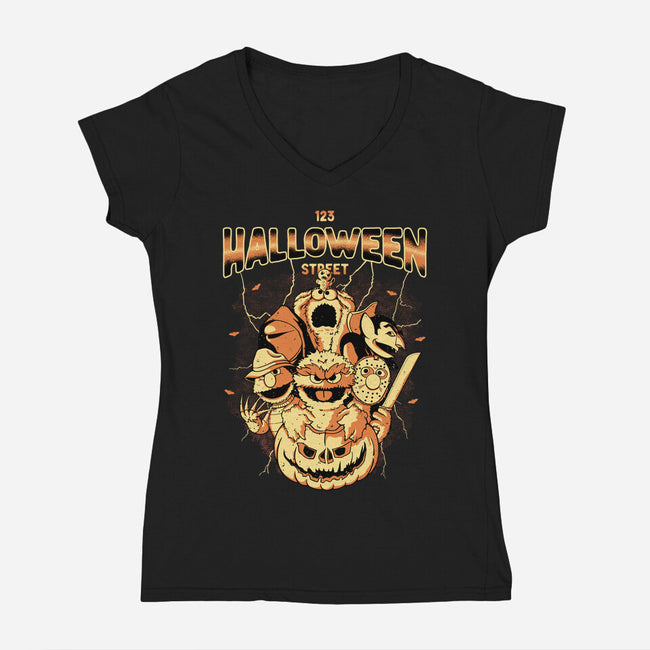 123 Halloween Street-Womens-V-Neck-Tee-retrodivision