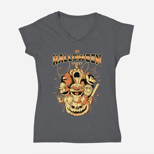 123 Halloween Street-Womens-V-Neck-Tee-retrodivision
