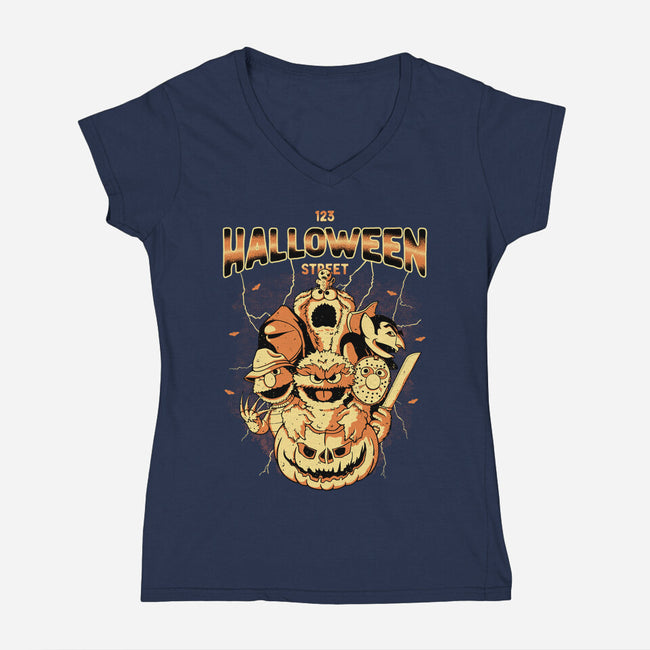123 Halloween Street-Womens-V-Neck-Tee-retrodivision