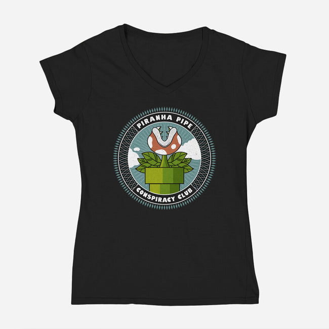 Piranha Pipe Conspiracy Club-Womens-V-Neck-Tee-GODZILLARGE