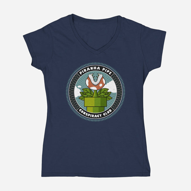 Piranha Pipe Conspiracy Club-Womens-V-Neck-Tee-GODZILLARGE