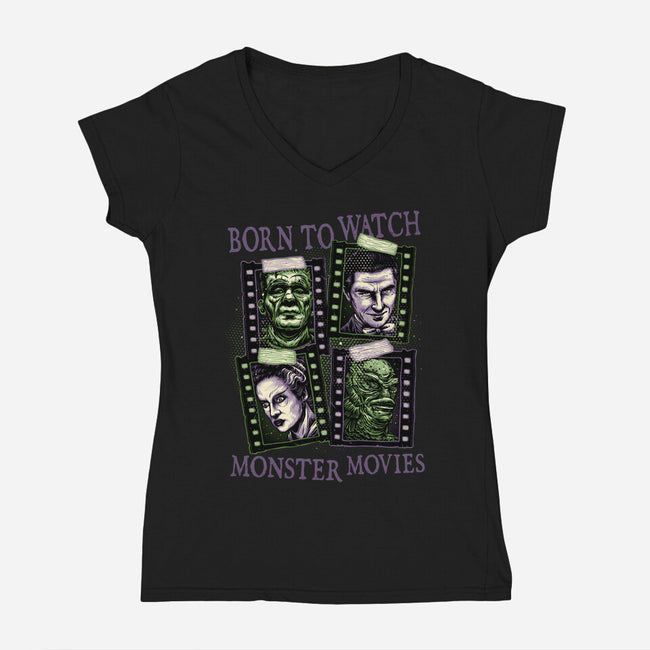 Born To Watch Monster Movies-Womens-V-Neck-Tee-glitchygorilla